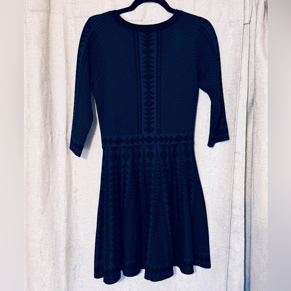 Nina Leonard Navy Geometric Long Sleeve Sweater Dress